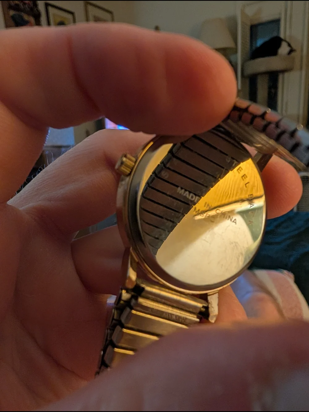 Gold Glitter Dial Watch with Blue Hands Brand New Battery In It